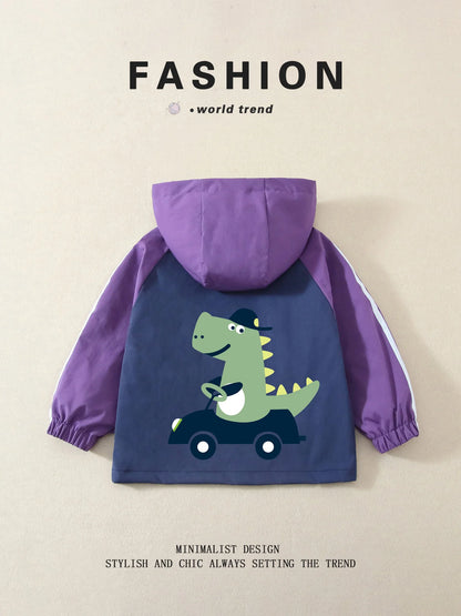 Unisex Kids' Color-Block Hooded Jackets, Cute Dinosaur Print, Spring/Autumn, Lightweight, Ages 3-10 Years