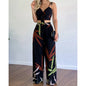 Women Tropical Print Spaghetti Strap Casual Lace up Back Top &High Waist Pants Set 2 Pieces Sets