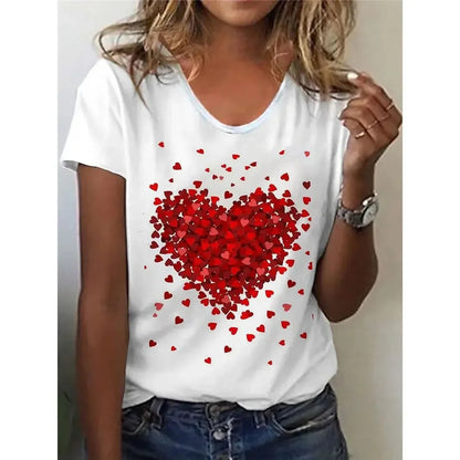 Valentine's Day Heart Print T-Shirt for Women, Casual Crew Neck Short Sleeve Tee, Everyday Wear Women's Top