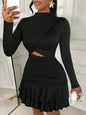 White Gold Floral Print Long Sleeve Cut-Out Mini Dress with Ruched Waist