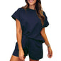 Women's Cotton Set Casual Loose Solid Color Two piece Set Round Neck Short sleeved Top and Shorts Two piece Set S-2XL