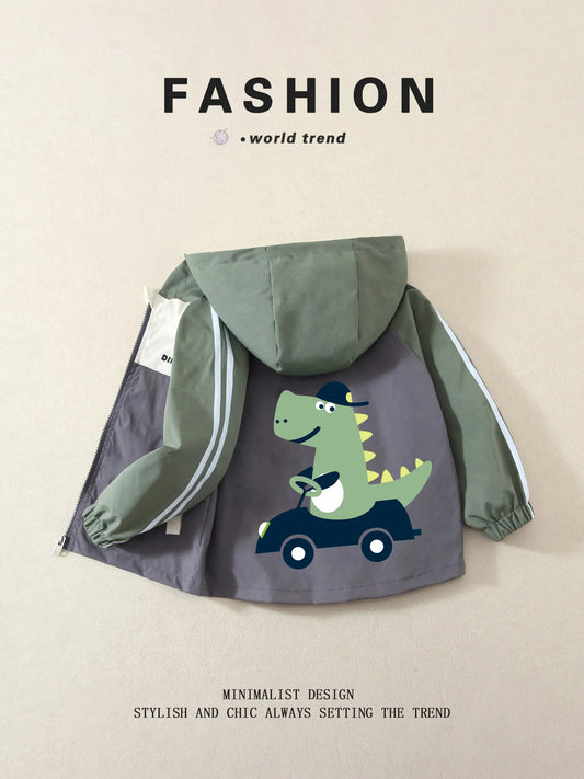 Unisex Kids' Color-Block Hooded Jackets, Cute Dinosaur Print, Spring/Autumn, Lightweight, Ages 3-10 Years