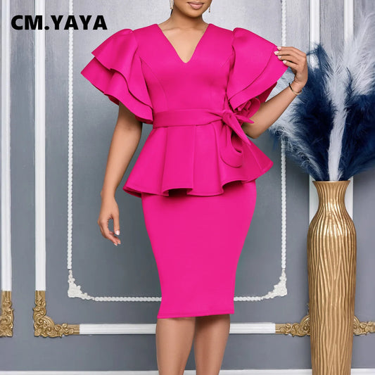 Women Short Sleeve V-neck Belt High Waist Midi Dress For Work Evening Dresses