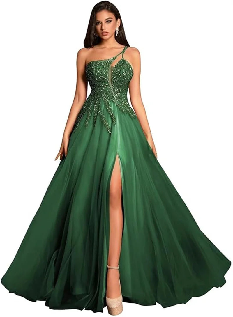 Customized Beaded Tulle Prom Dresses 2025 with Pockets Spaghetti Strap Formal Evening Dresses with Slit