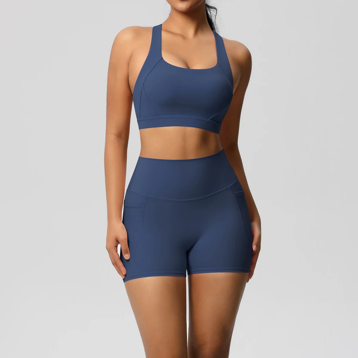 2PCS Sets Sportswear With Pocketed Yoga Suits For Women  Sports Shorts Crossover Bra Gym Leggings
