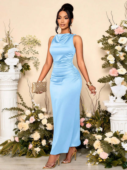 SOLERSUN Women's Elegant Solid Color Drape Neck Ruched Sleeveless Party Dress,Perfect For Banquets