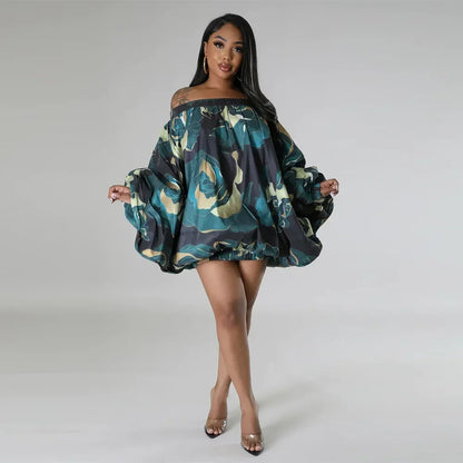 CM.YAYA Vintage Women Fashion Stretch Hem Off Shoulder Slash Neck Lantern Long Sleeve Printed Ball Gown Smock Dress Vestidos