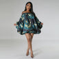 CM.YAYA Vintage Women Fashion Stretch Hem Off Shoulder Slash Neck Lantern Long Sleeve Printed Ball Gown Smock Dress Vestidos