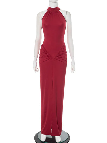 Mozision Halter Ruched Sleeveless Sexy Maxi Dress Women Gown Fashion Slim High Waist Evening Club Party Split Long Dress