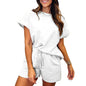 Women's Cotton Set Casual Loose Solid Color Two piece Set Round Neck Short sleeved Top and Shorts Two piece Set S-2XL