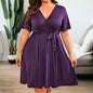 Women's Plus Size Dresses Loose Solid Short Sleeved V-neck Belt Casual Dress Ladies Elegant Dress