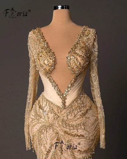 Champagne Mermaid Evening Dresses Beaded Crystal Deep V Neck Prom Dress Black Girls Long Formal Party Gown Robe Custom