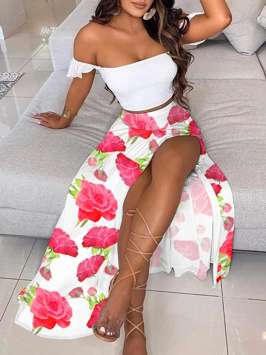 Summer Fashion Sets For Women 2 Pieces Solid Pleated Tops & Floral Print High Waist Midi Skirt Chic Lady Long Skirts Set