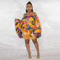 CM.YAYA Vintage Women Fashion Stretch Hem Off Shoulder Slash Neck Lantern Long Sleeve Printed Ball Gown Smock Dress Vestidos