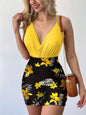 Dress Sets Short Sets In The Summer Of 2024 Women Printed Tight Mini Skirt Set, Deep V-neck Sexy Suit, Party Suspender And Skirt