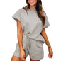 Women's Cotton Set Casual Loose Solid Color Two piece Set Round Neck Short sleeved Top and Shorts Two piece Set S-2XL
