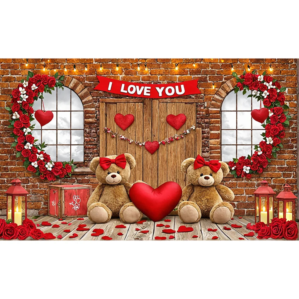 Valentines Day Banner Bear Rose Flower Love Heart Backdrop Party Decoration Valentine's Day Indoor Outdoor Photo Prop Supply