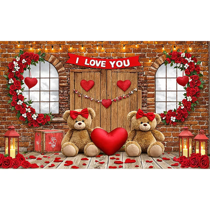 Valentines Day Banner Bear Rose Flower Love Heart Backdrop Party Decoration Valentine's Day Indoor Outdoor Photo Prop Supply