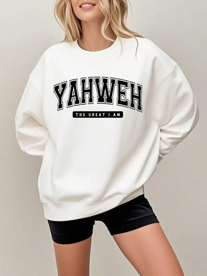 Women's Oversized Crewneck Sweatshirt with Bold Arch Lettering Print