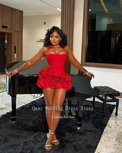 Qanz Red Birthday Dresses Baddie Black Girl Halter Neck Mini Prom Dresses Sweertheart Ruffles Wedding Party Dress Customized