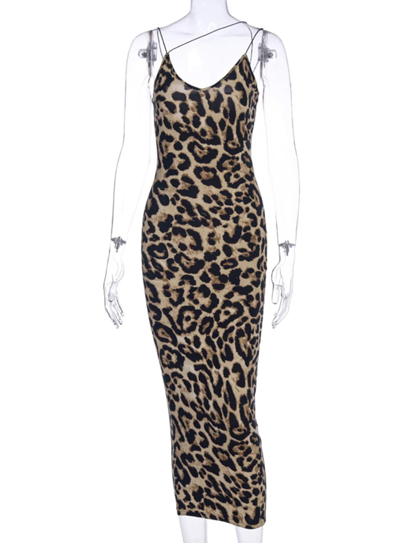 Leopard Print Sleeveless V-Neck Sexy Bodycon Midi Dress Spring Women Fashion Streetwear Party Festival Outfits