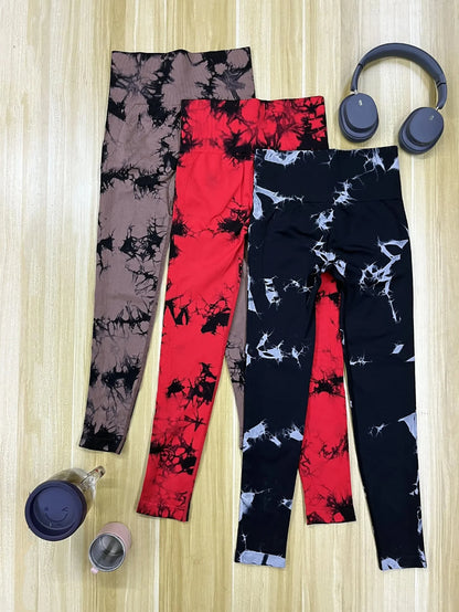 Tie Dye Seamless Leggings for Women High Waist Yoga Pants Scrunch Butt Lifting Elastic Tights Wide Waistband Sports Leggings