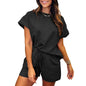 Women's Cotton Set Casual Loose Solid Color Two piece Set Round Neck Short sleeved Top and Shorts Two piece Set S-2XL