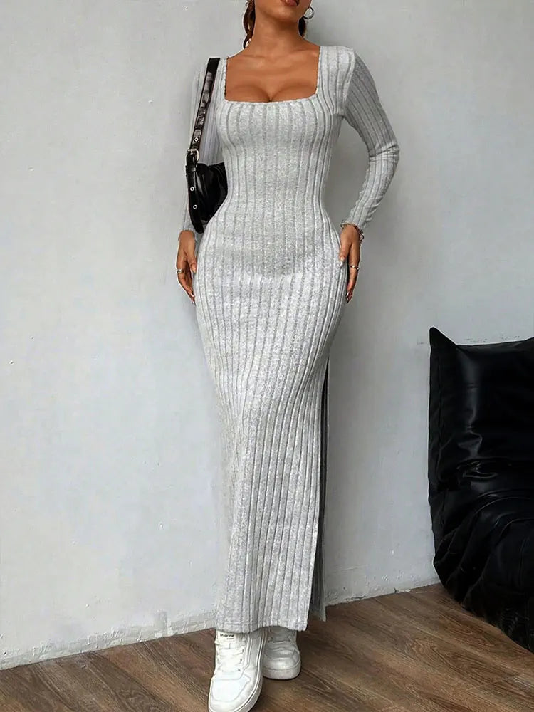 Dresses Women Streetwear Fashion Long Sleeves Split Casual Slim Maxi Dress Solid Sexy Out Backless Dress