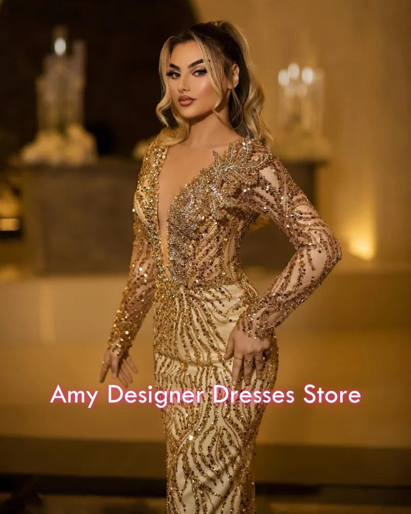 Gorgeous Gold Evening Dresses Sequin Crystal Mermaid Party Dress Sheer Neck German Prom Gowns Long Sleeves Customized