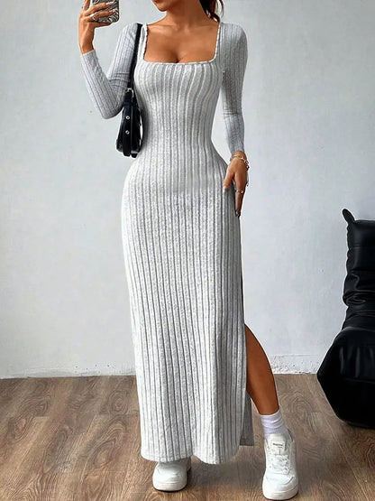 Dresses Women Streetwear Fashion Long Sleeves Split Casual Slim Maxi Dress Solid Sexy Out Backless Dress