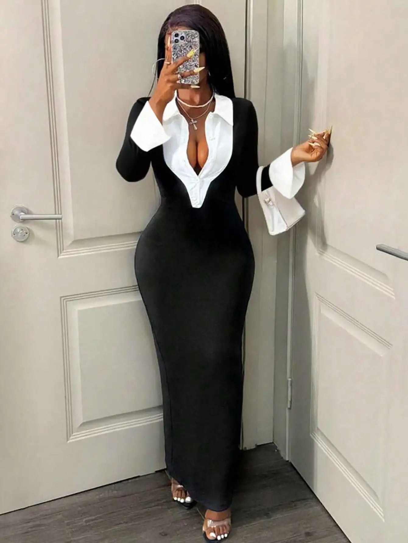 Women's Elegant Bodycon 2 In 1 Collared Patchwork Dress