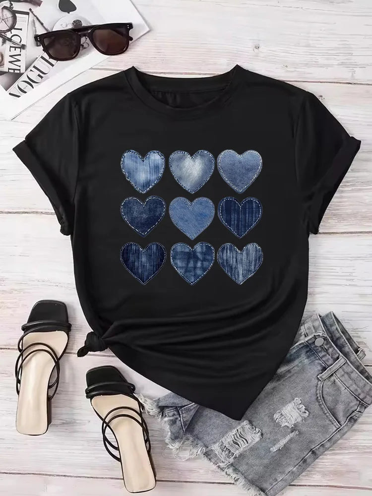 Women Cowboy Heart Print T-Shirt for Valentine's Day Gifts Fashion Crew Neck Short Sleeve T-Shirt Casual Women's Clothing