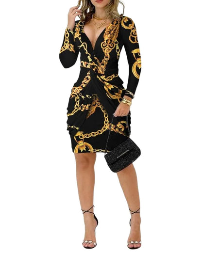 Elegant and Pretty Women's Dresses 2025 Fashion Sexy Deep V-Neck Baroque Chain Print Twist Detail Party Dress Female Clothing