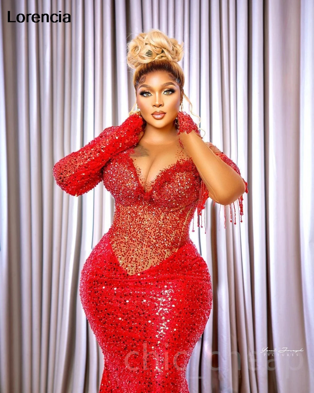 Customized Glitter Red Arabic Prom Dress Aso Ebi Sequins Beaded Women Long Sleeve Wedding Party Dress Birthday Gown YPD235