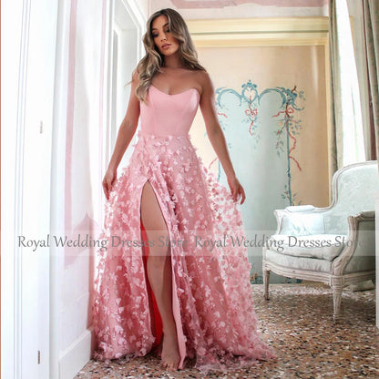 Women's Prom Dresses Red Lace Flowers V Neck Backless Sexy Prom Gowns Long Side Slit A Line Sleeveless Luxury Formal Party Dress