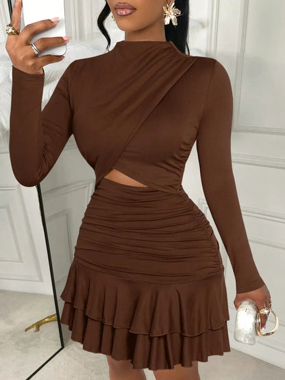 White Gold Floral Print Long Sleeve Cut-Out Mini Dress with Ruched Waist