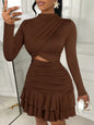 White Gold Floral Print Long Sleeve Cut-Out Mini Dress with Ruched Waist