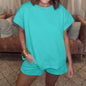 Women's Cotton Set Casual Loose Solid Color Two piece Set Round Neck Short sleeved Top and Shorts Two piece Set S-2XL