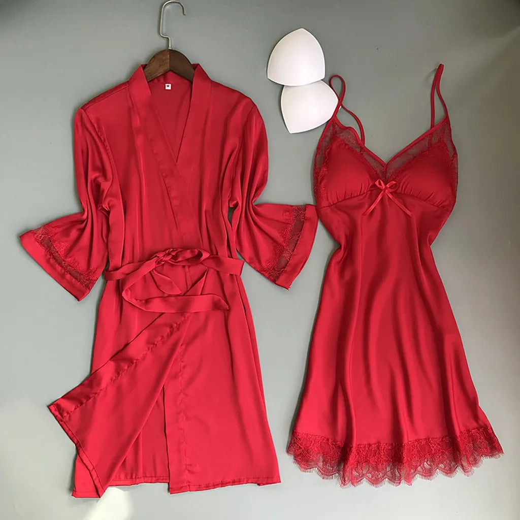 Women'S Sexy Lace Nightgown Nightdress Two-Piece Set Satin Material Soft And Silky Women'S Home Pajamas Valentine'S Day Gift