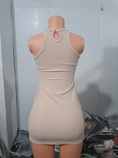 Women Fashion Summer Sleeveless O-neck Keyhole Back Textured Mini Skinny Solid Dress