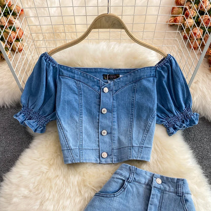 Women Denim 2 Piece Sets Long Skirt Top Suit Skirts Tops Single Breasted Outfits Washed Distressed Summer Casual Ensemble
