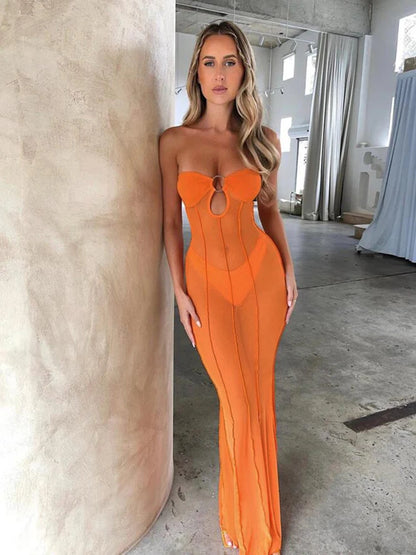 women Maxi Dress Patchwork See Through Sexy Slim Strapless Elastic Fit Beach Party