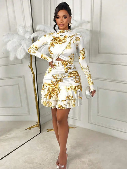 White Gold Floral Print Long Sleeve Cut-Out Mini Dress with Ruched Waist