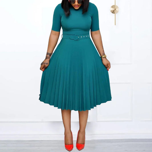 women's Elegant  fashion short sleeve pleated high waist Dress for women