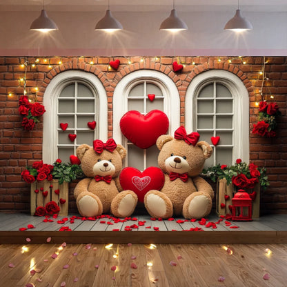 Valentines Day Banner Bear Rose Flower Love Heart Backdrop Party Decoration Valentine's Day Indoor Outdoor Photo Prop Supply