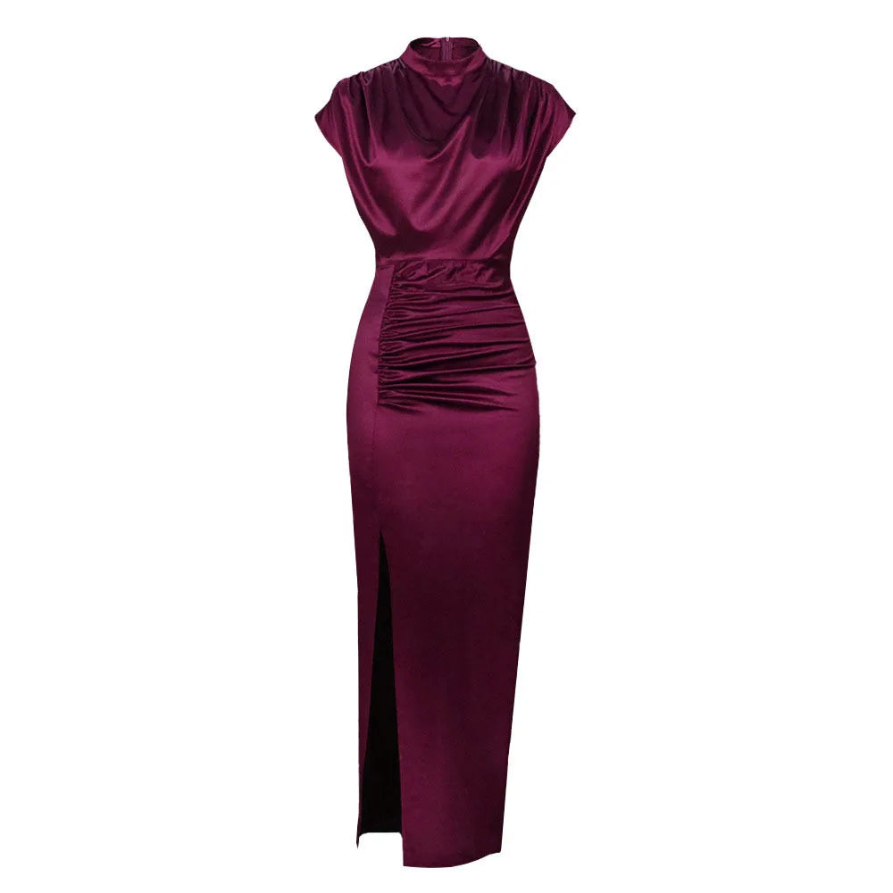 Women Colored Satin Zipper Split High Grade Dress Long Floor Length Dress