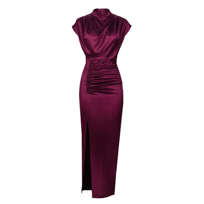 Women Colored Satin Zipper Split High Grade Dress Long Floor Length Dress