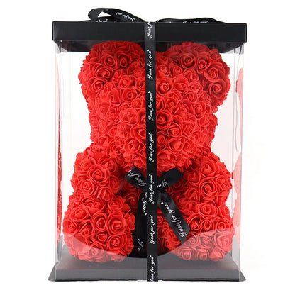 25cm Artificial Teddy Rose Flower Bear with Box Romantic Valentines Day Gift Girlfriend Women Anniversary Wedding Party Supplies