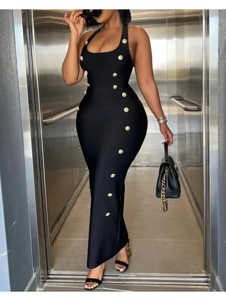 Summer Sexy Dress Women's Halter Sleeveless  Maxi Bodycon Dress Elegant Evening Party Dress