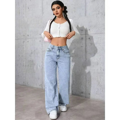 Size: S-5XL Women's Summer Autumn Wide-Leg Jeans High-Waist Plus-Size Jeans Straight-Leg Loose Casual Pants Girls Wide Leg Pants